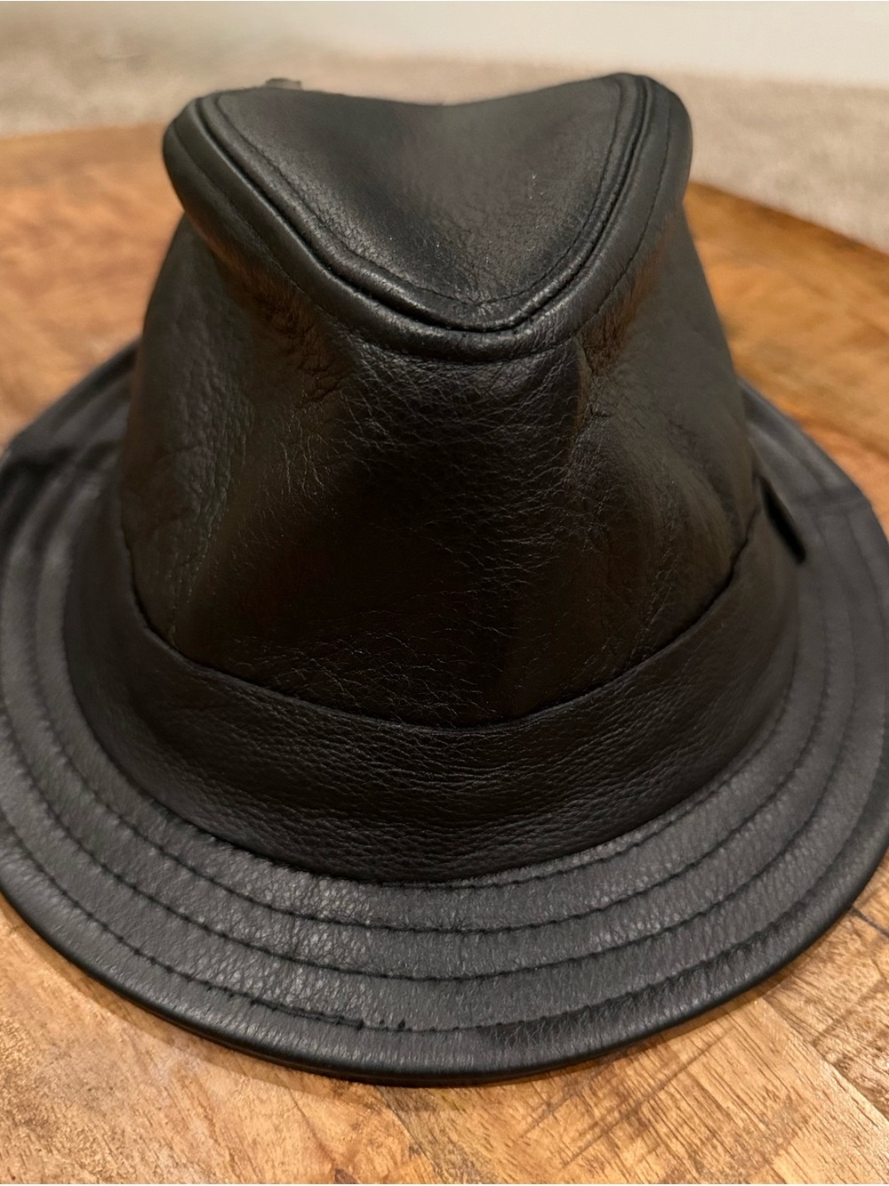 Daniel Cremieux Black Leather Trilby Hat with Navy Label, Size L/XL - Picture 2 of 3